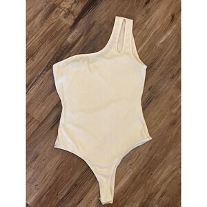 EUC Ivory Cream Cloud Ten One Shoulder Ribbed Bodysuit Top Small S